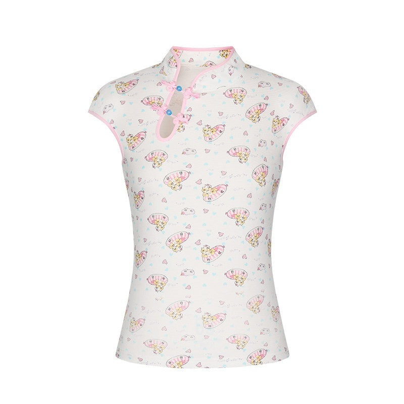 Allover Print Qipao Short Sleeve Women's Viscose Blend Matching Skirt Sets