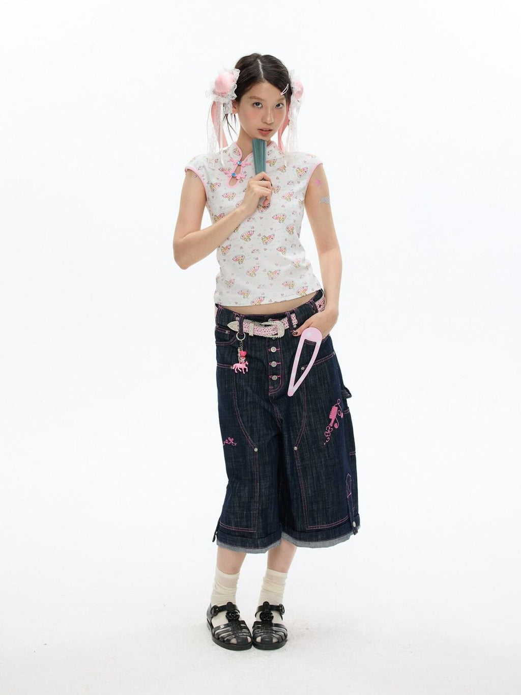 Allover Print Qipao Short Sleeve Women's Viscose Blend Matching Skirt Sets