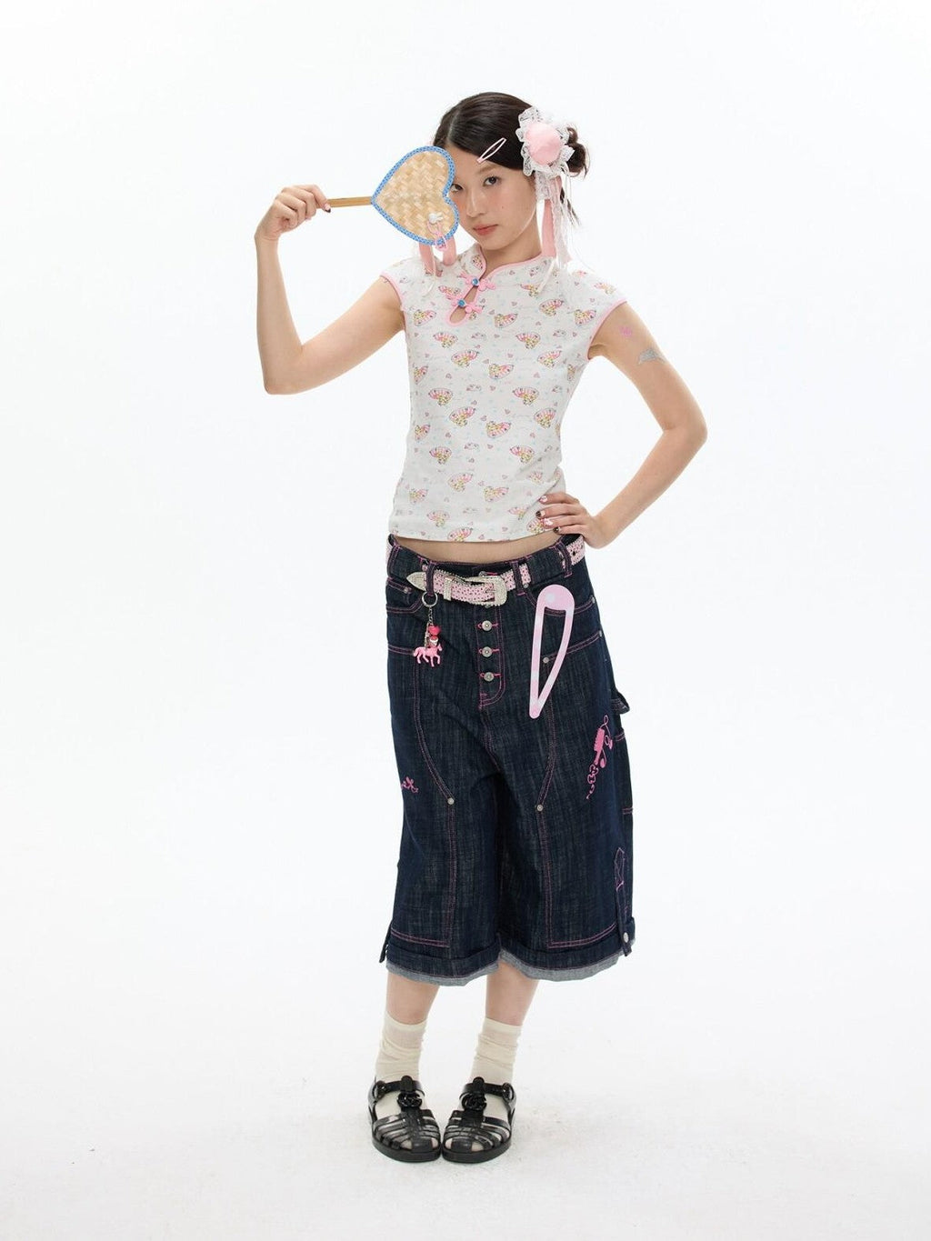 Allover Print Qipao Short Sleeve Women's Viscose Blend Matching Skirt Sets