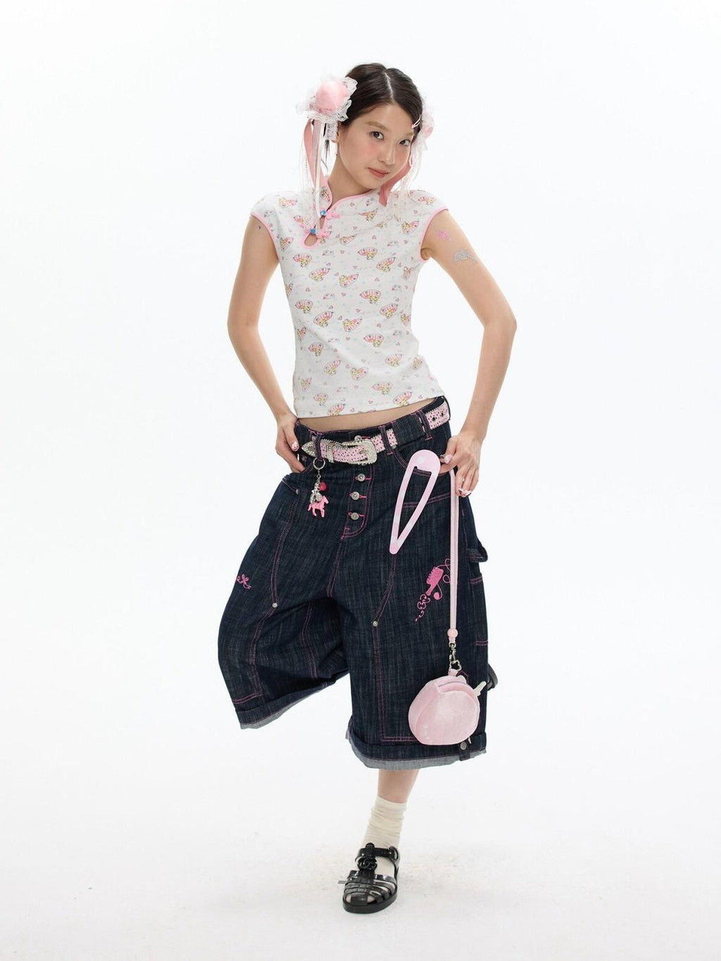 Allover Print Qipao Short Sleeve Women's Viscose Blend Matching Skirt Sets
