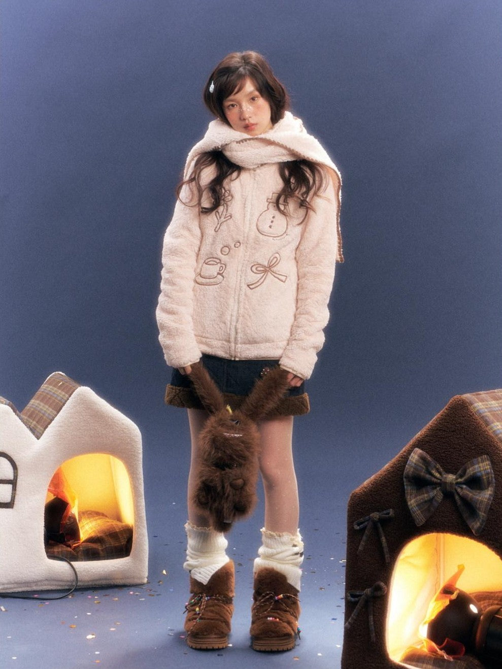 Apricot Stand Collar Loose Fluffy Polar Fleece Women's Scarves & Shawls