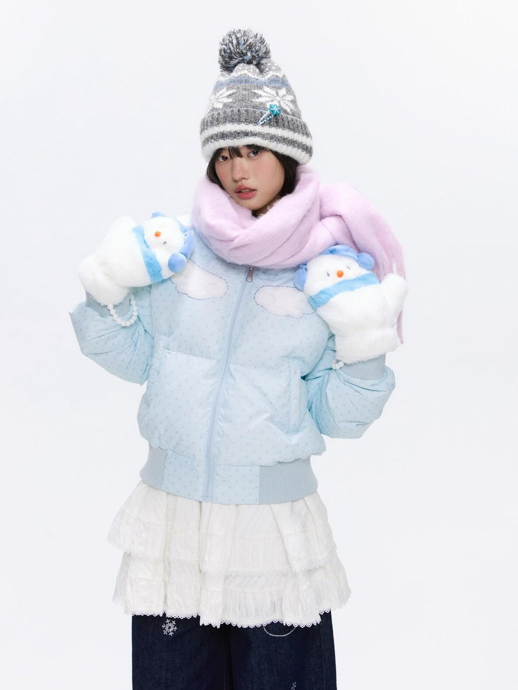 Baby Blue Polka Dot Rhinestone Print Hooded Women's Polyester Down Jackets