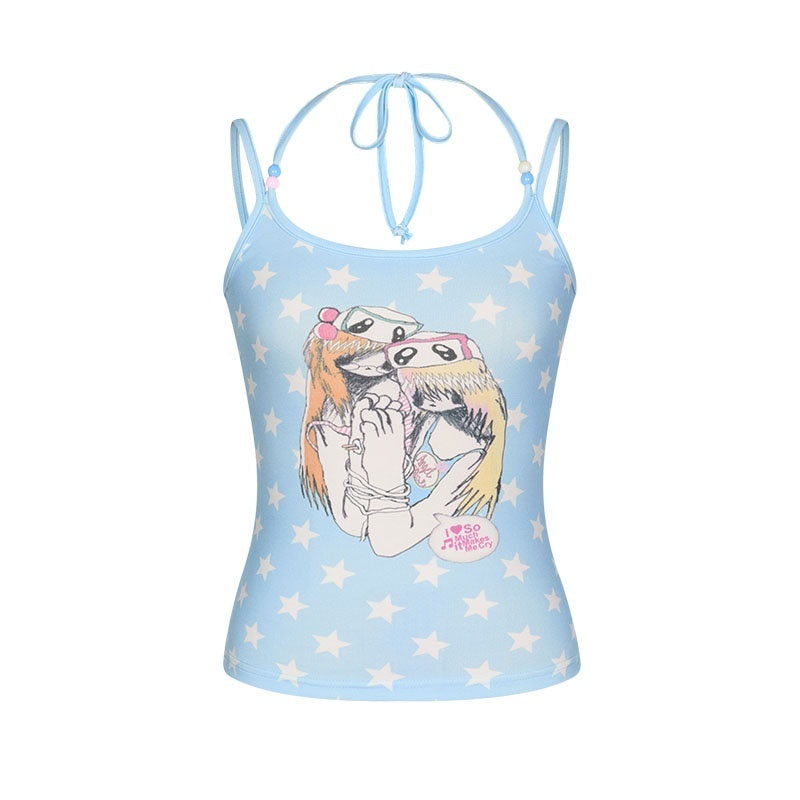 Beaded Wave Shell And Polka Dot Print Cute Women's Viscose Blend Tank Tops
