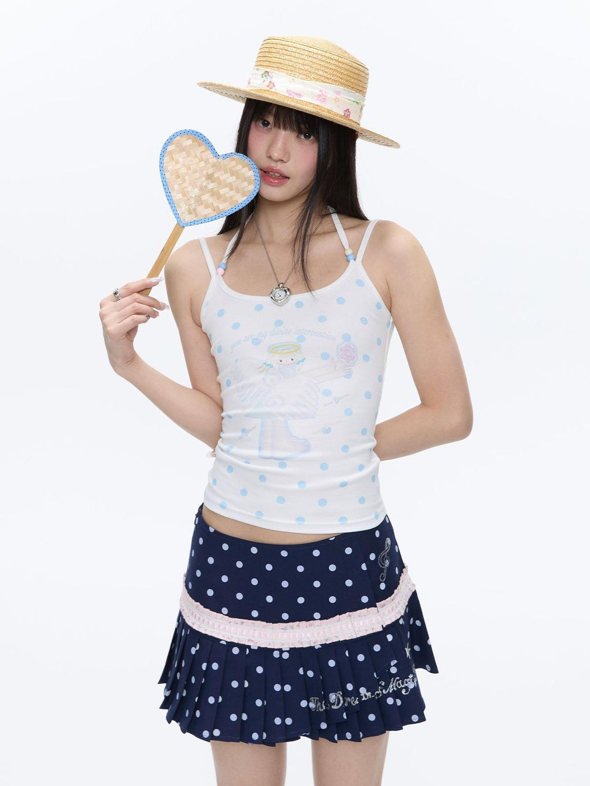 Beaded Wave Shell And Polka Dot Print Cute Women's Viscose Blend Tank Tops