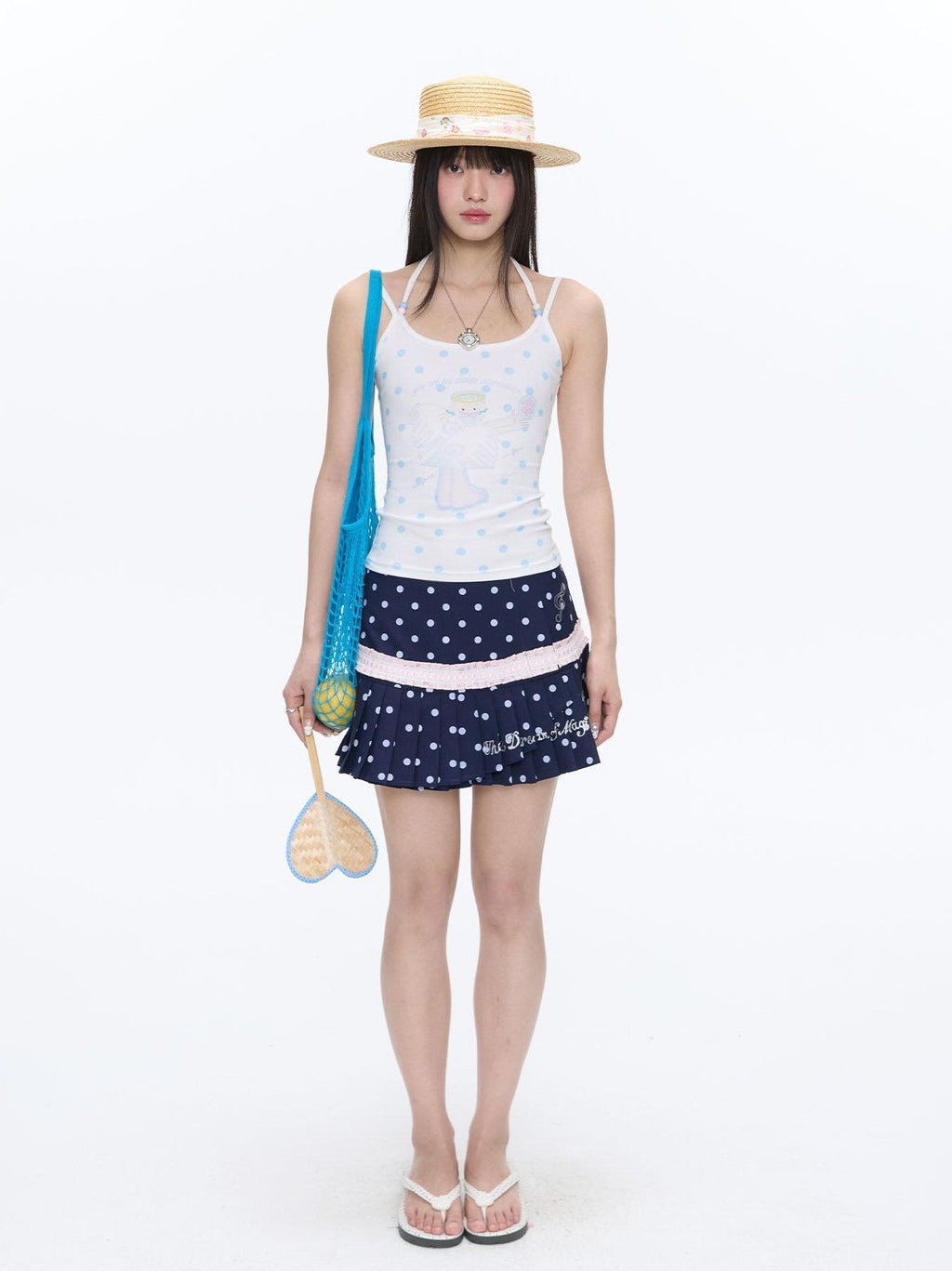 Beaded Wave Shell And Polka Dot Print Cute Women's Viscose Blend Tank Tops