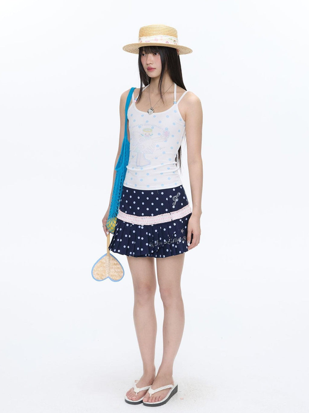 Beaded Wave Shell And Polka Dot Print Cute Women's Viscose Blend Tank Tops
