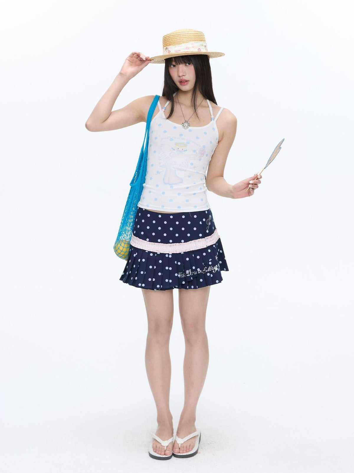 Beaded Wave Shell And Polka Dot Print Cute Women's Viscose Blend Tank Tops