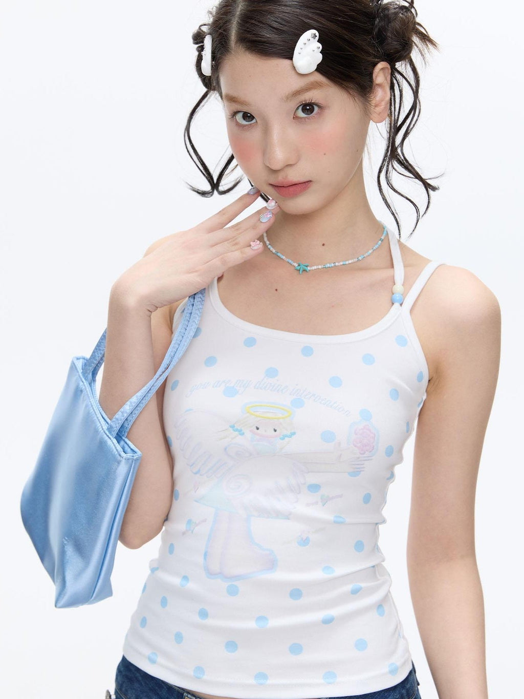 Beaded Wave Shell And Polka Dot Print Cute Women's Viscose Blend Tank Tops