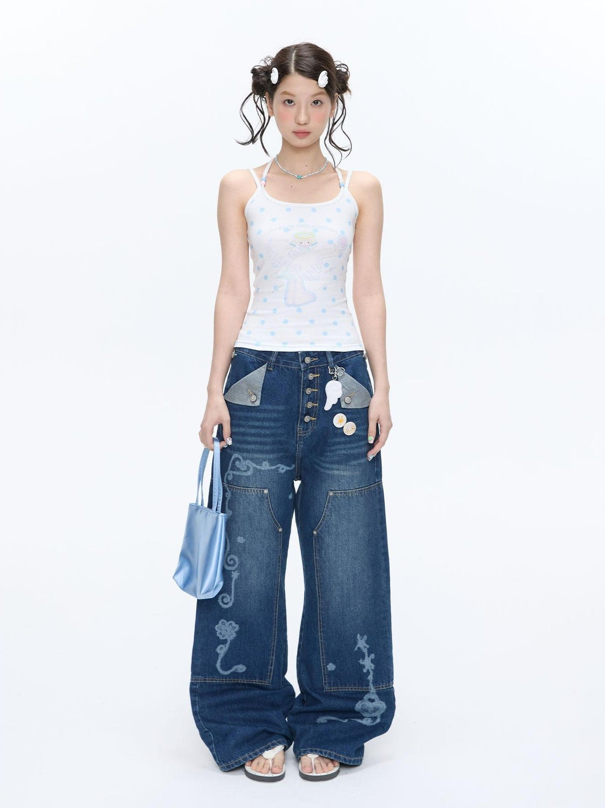 Beaded Wave Shell And Polka Dot Print Cute Women's Viscose Blend Tank Tops