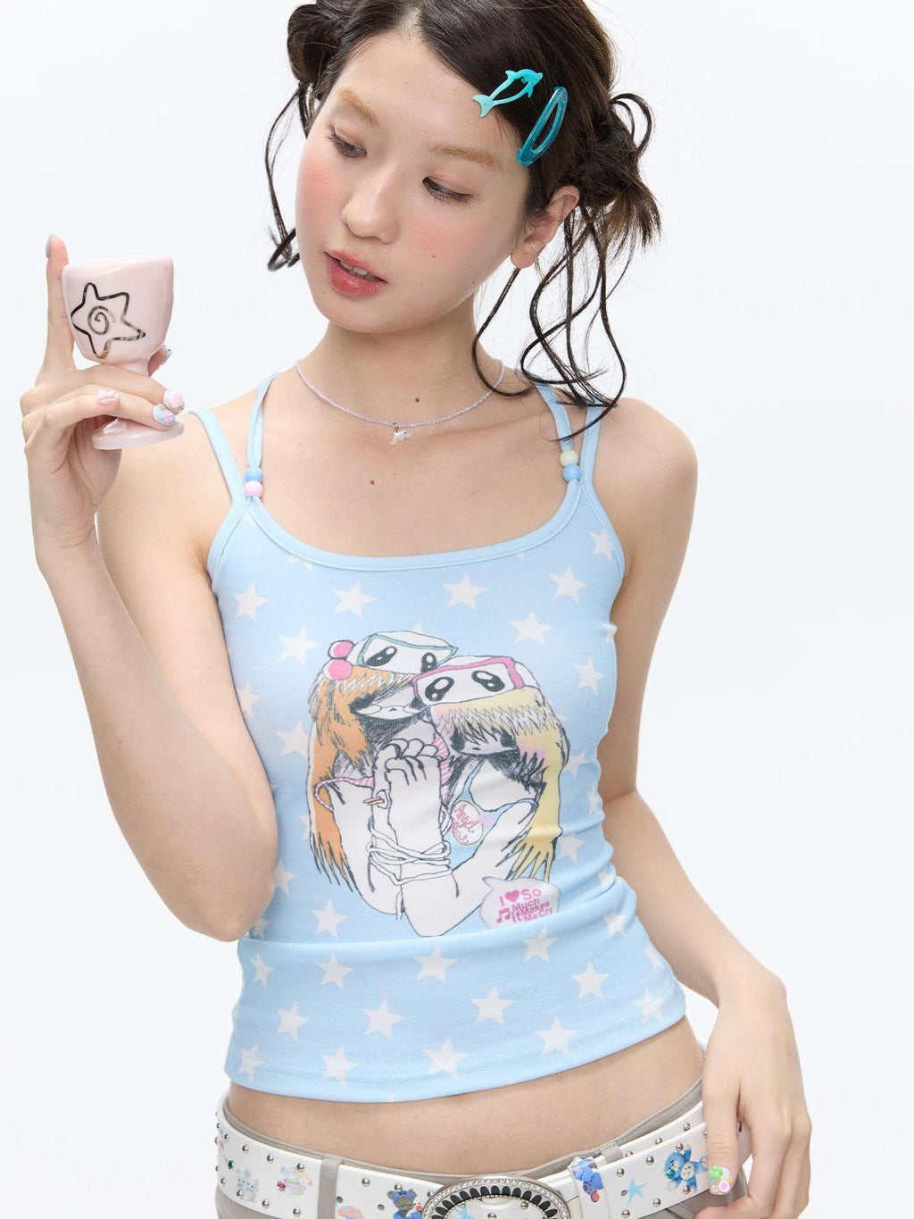 Beaded Wave Shell And Polka Dot Print Cute Women's Viscose Blend Tank Tops