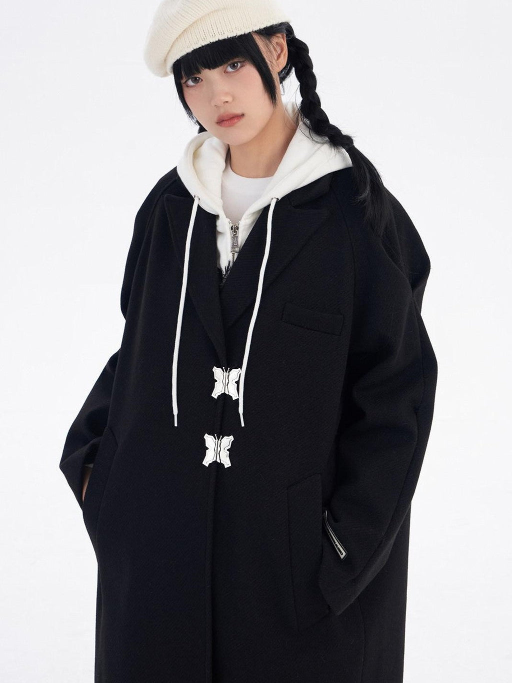 Black Butterfly Metal Buckle Stand Collar Women's Woven Polyester Wool Coats