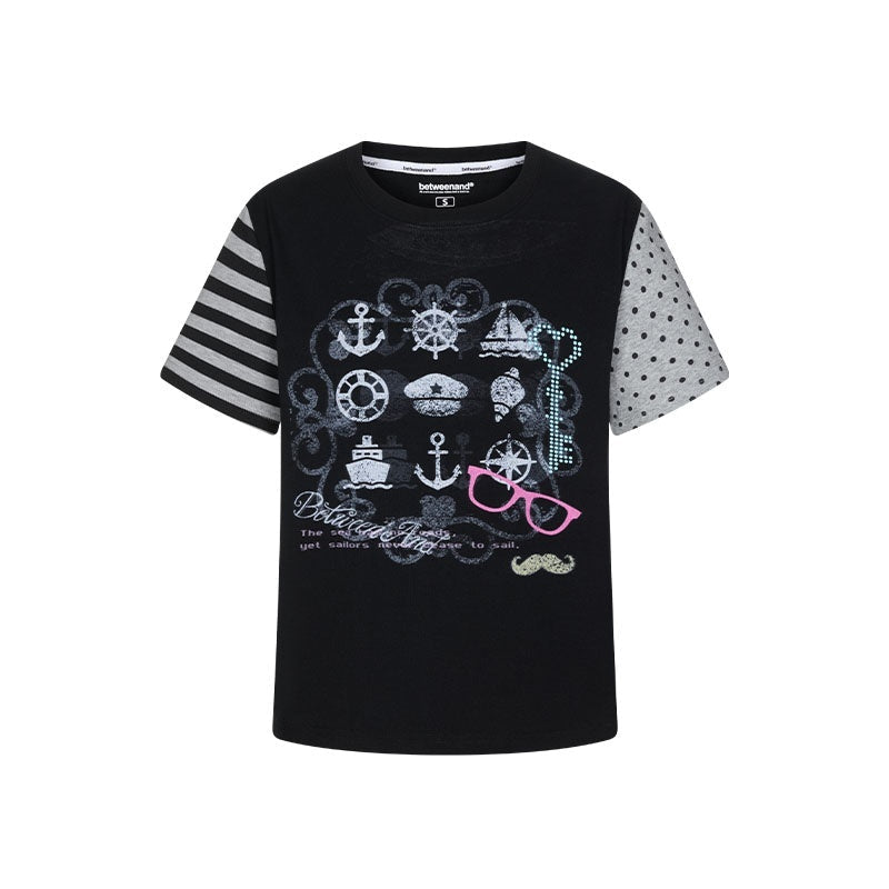 Black Panel Print Raglan Striped Women's Cotton Blend Short Sleeve T-shirts