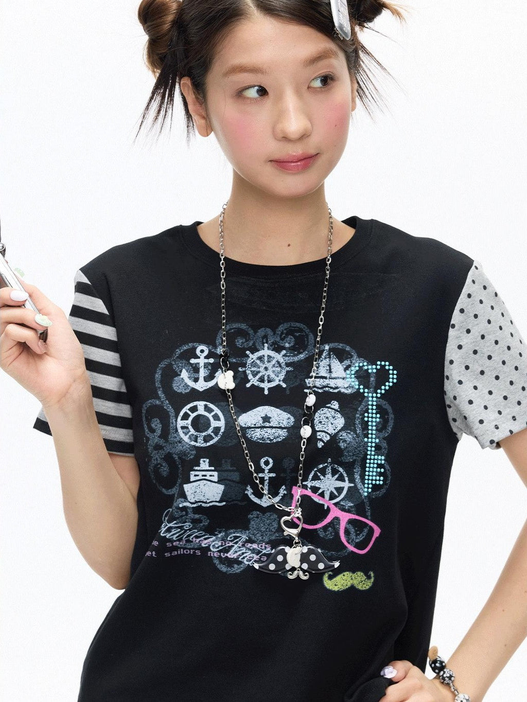 Black Panel Print Raglan Striped Women's Cotton Blend Short Sleeve T-shirts