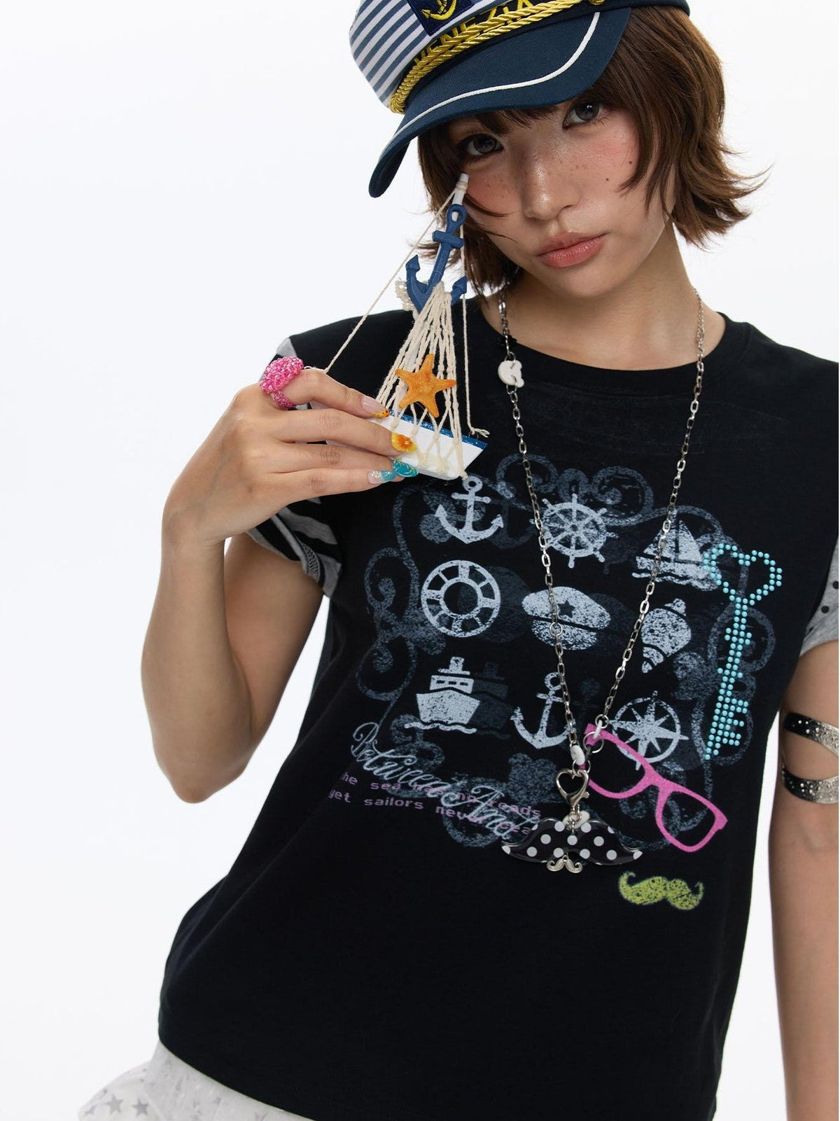 Black Panel Print Raglan Striped Women's Cotton Blend Short Sleeve T-shirts