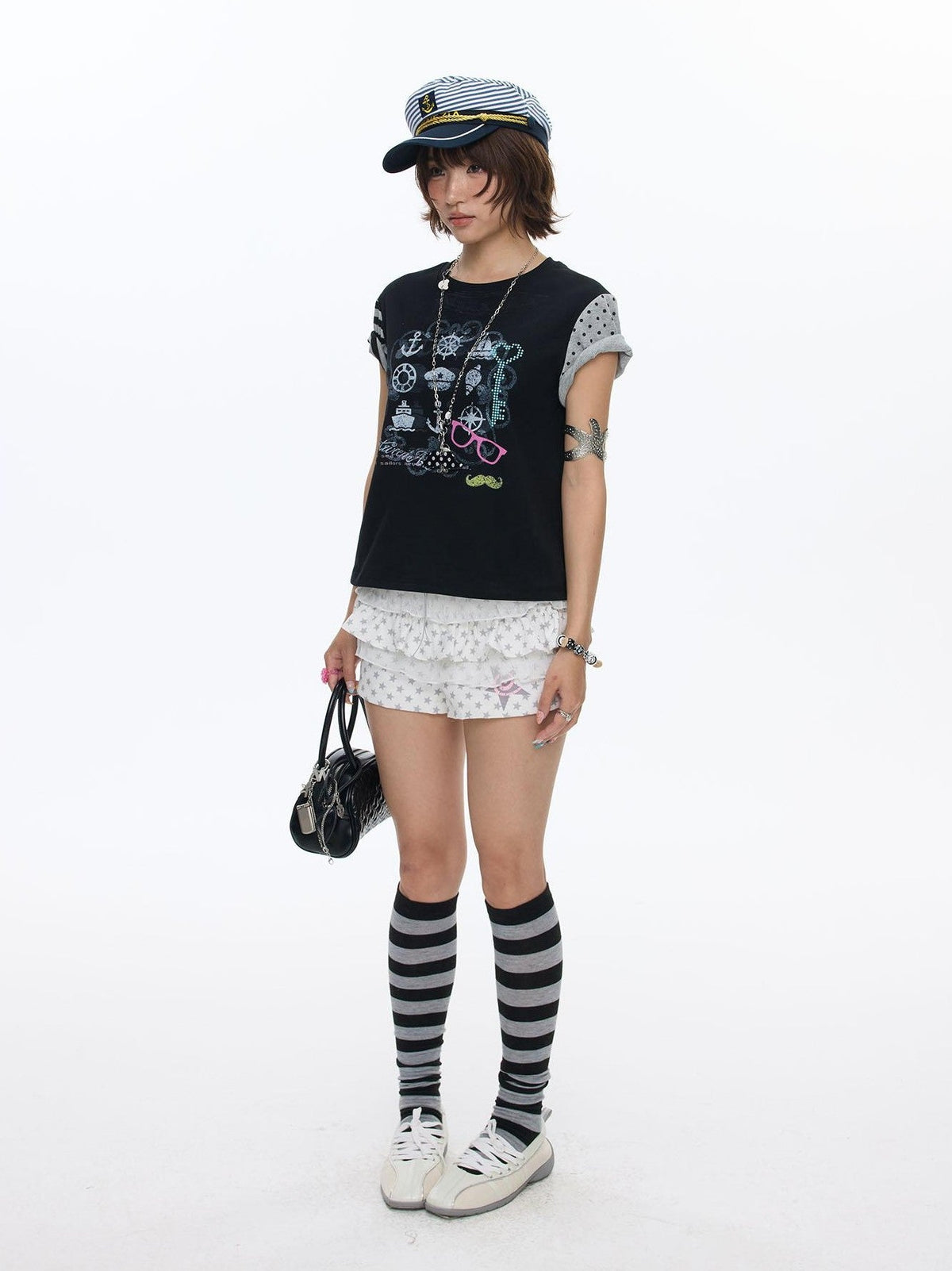 Black Panel Print Raglan Striped Women's Cotton Blend Short Sleeve T-shirts