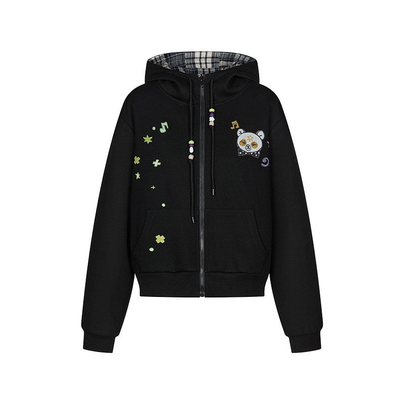 Black Plaid Reversible Hooded Women's Cotton Blend Zip-up Hoodies