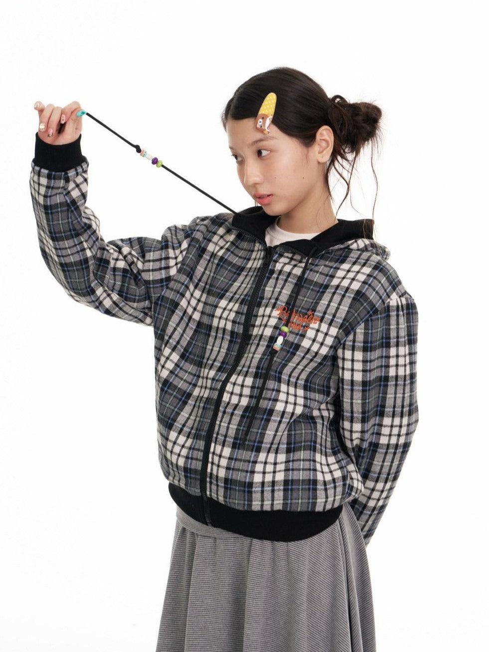 Black Plaid Reversible Hooded Women's Cotton Blend Zip-up Hoodies