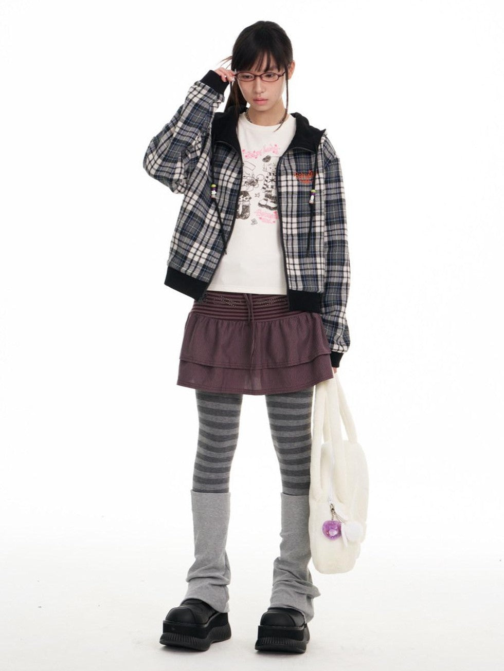 Black Plaid Reversible Hooded Women's Cotton Blend Zip-up Hoodies