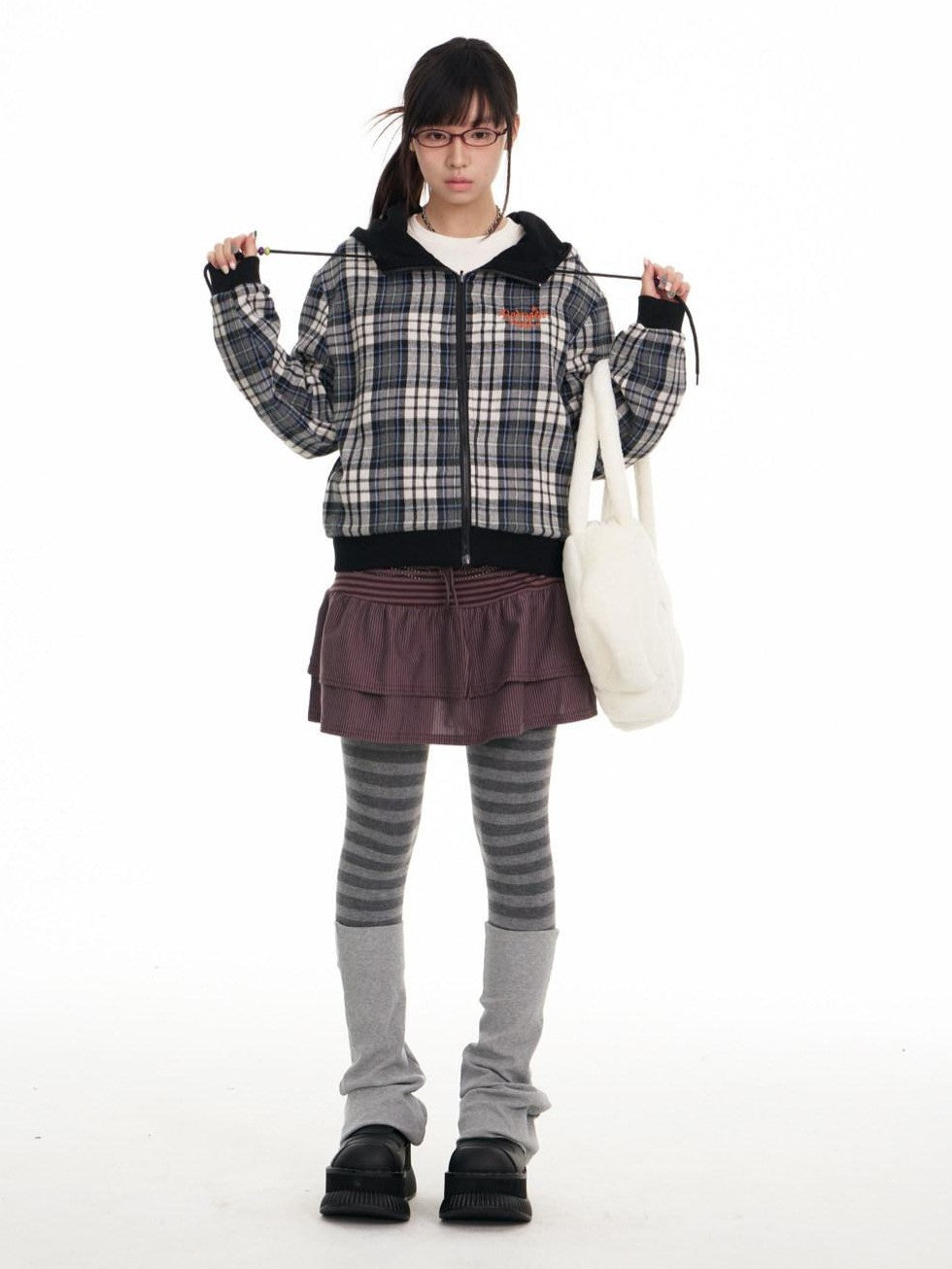 Black Plaid Reversible Hooded Women's Cotton Blend Zip-up Hoodies