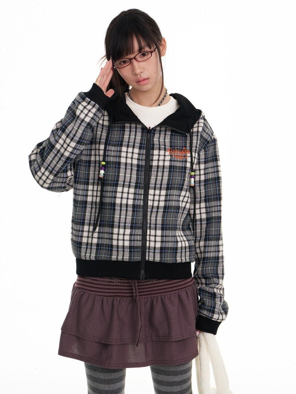 Black Plaid Reversible Hooded Women's Cotton Blend Zip-up Hoodies