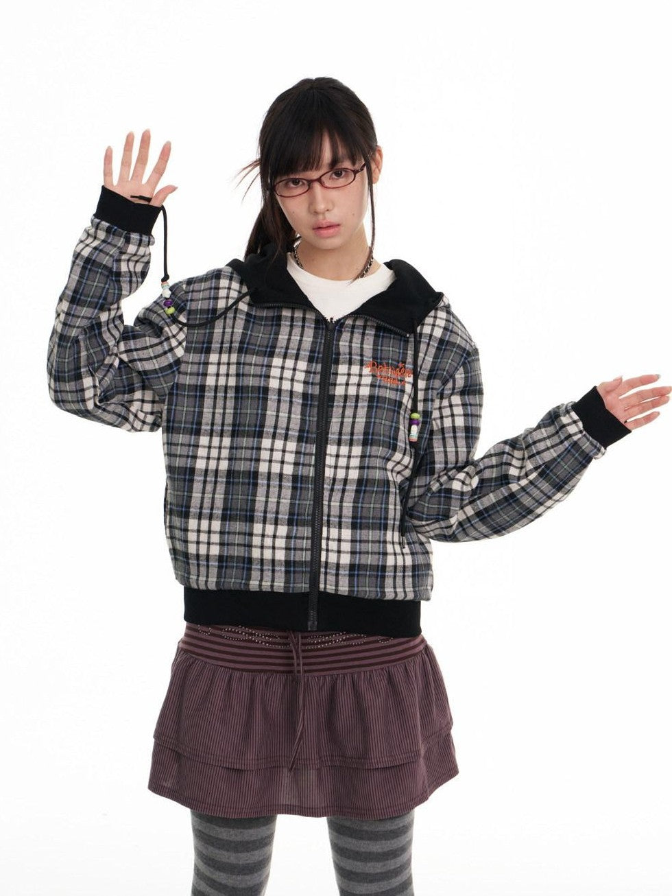 Black Plaid Reversible Hooded Women's Cotton Blend Zip-up Hoodies