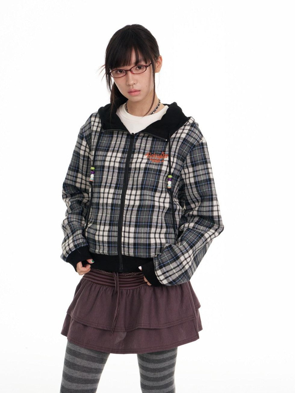 Black Plaid Reversible Hooded Women's Cotton Blend Zip-up Hoodies