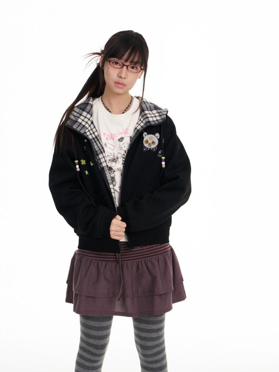Black Plaid Reversible Hooded Women's Cotton Blend Zip-up Hoodies
