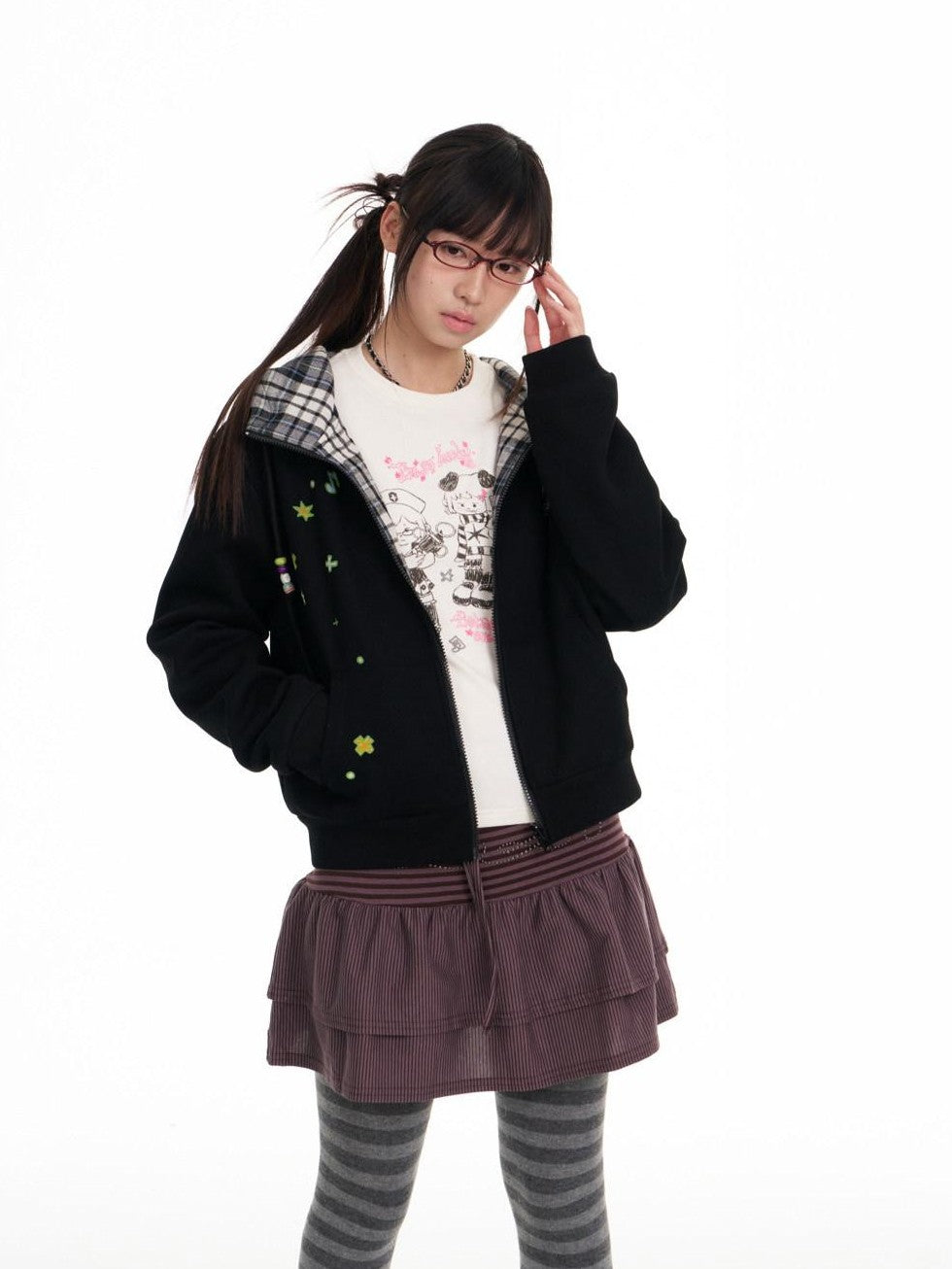 Black Plaid Reversible Hooded Women's Cotton Blend Zip-up Hoodies