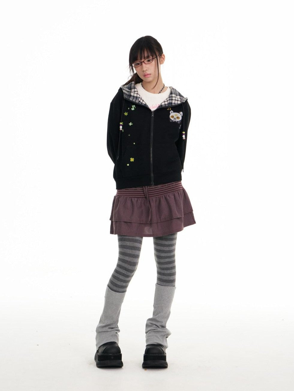 Black Plaid Reversible Hooded Women's Cotton Blend Zip-up Hoodies