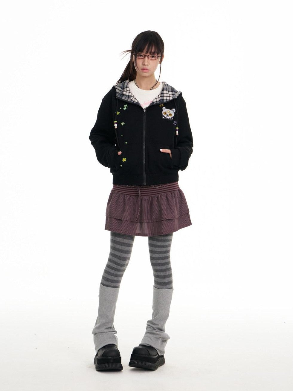 Black Plaid Reversible Hooded Women's Cotton Blend Zip-up Hoodies