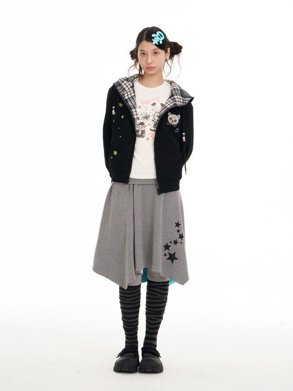 Black Plaid Reversible Hooded Women's Cotton Blend Zip-up Hoodies