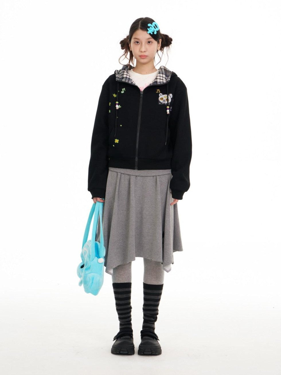 Black Plaid Reversible Hooded Women's Cotton Blend Zip-up Hoodies