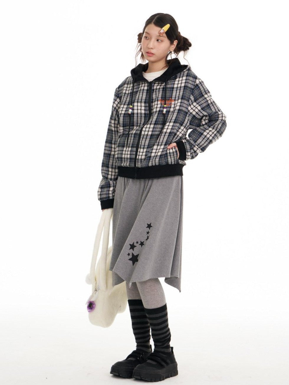 Black Plaid Reversible Hooded Women's Cotton Blend Zip-up Hoodies