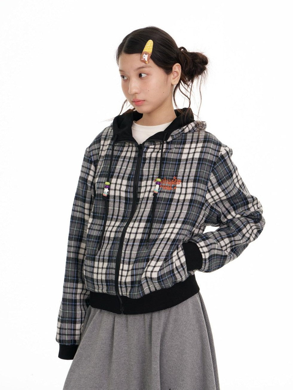 Black Plaid Reversible Hooded Women's Cotton Blend Zip-up Hoodies