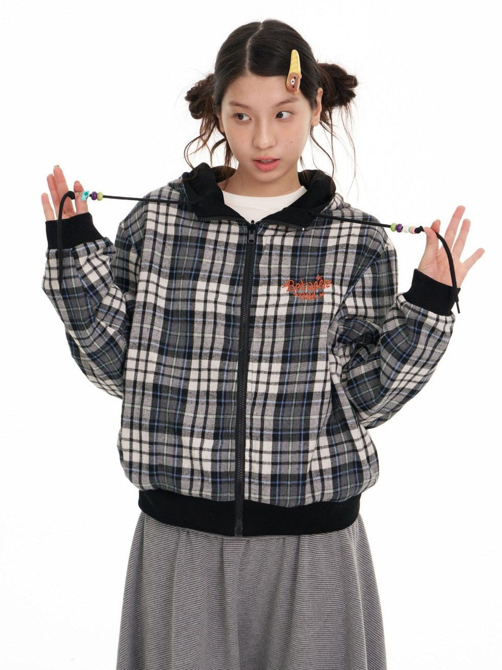 Black Plaid Reversible Hooded Women's Cotton Blend Zip-up Hoodies