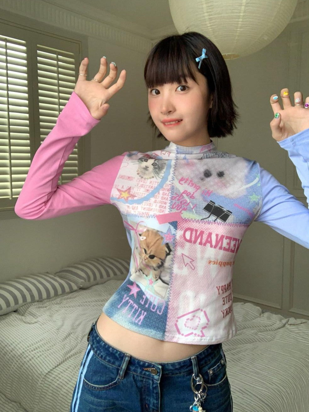 Blue Pink Colorblock Cat And Dog Print Women's Cotton Long Sleeve T-shirts