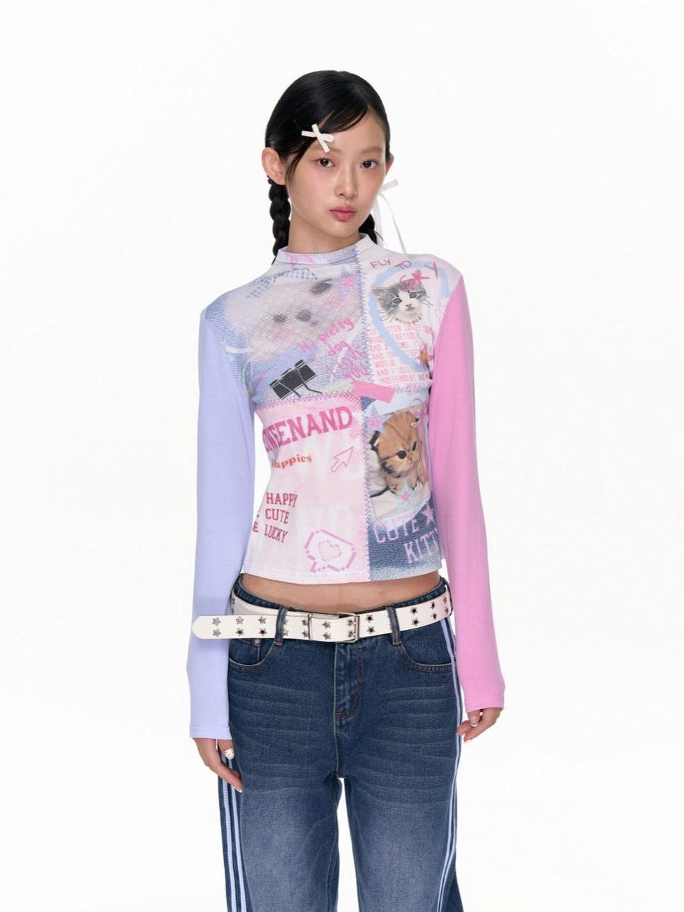 Blue Pink Colorblock Cat And Dog Print Women's Cotton Long Sleeve T-shirts