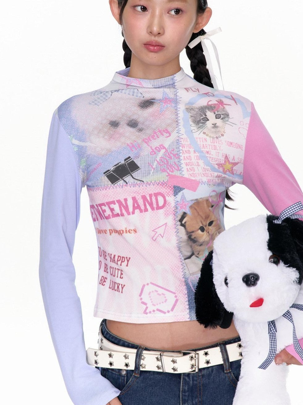 Blue Pink Colorblock Cat And Dog Print Women's Cotton Long Sleeve T-shirts