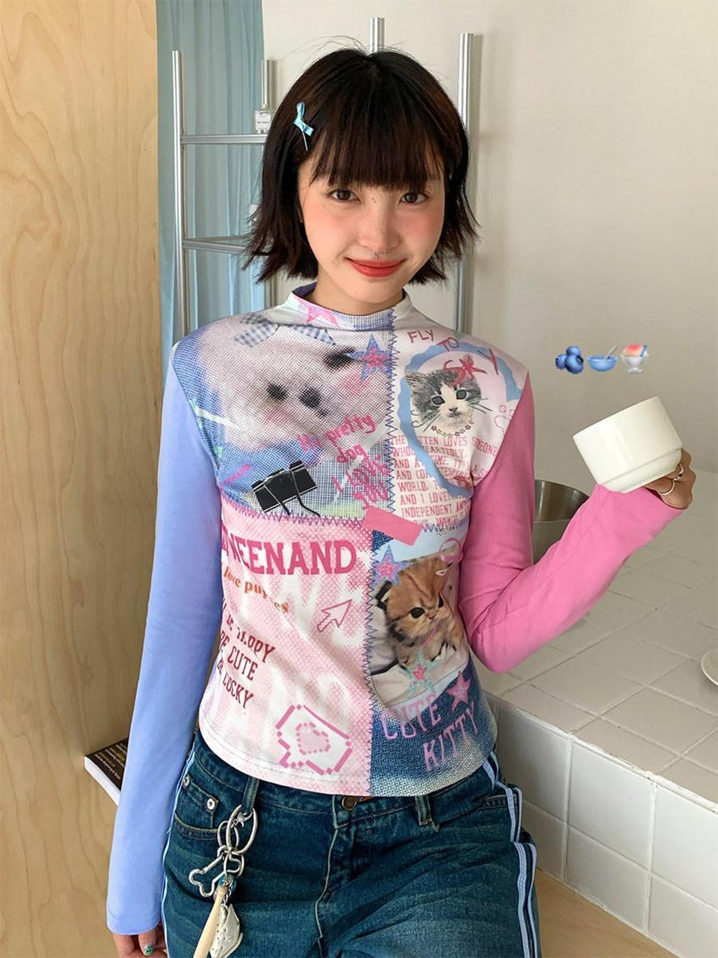 Blue Pink Colorblock Cat And Dog Print Women's Cotton Long Sleeve T-shirts