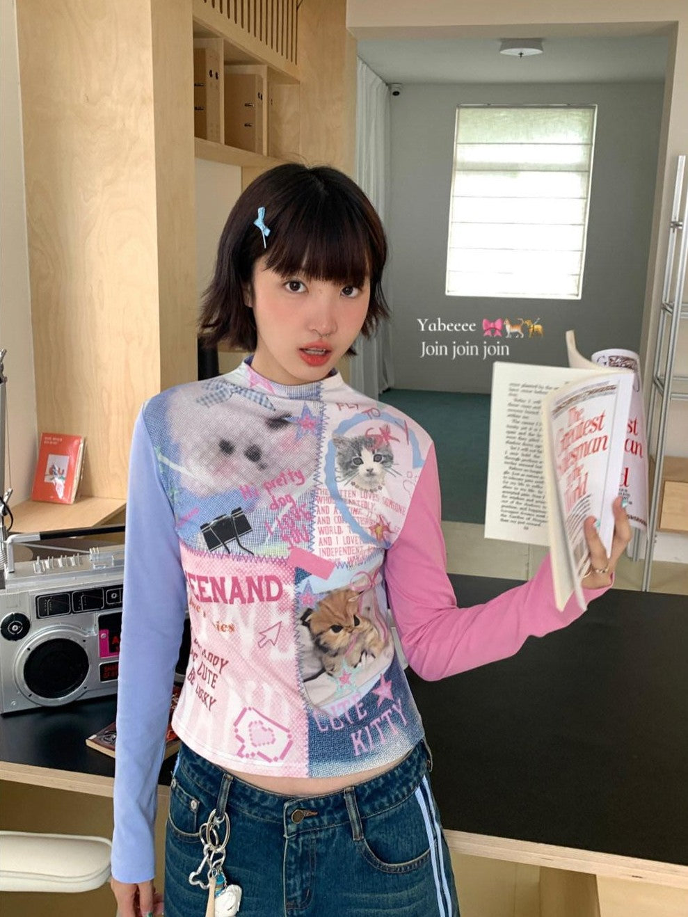 Blue Pink Colorblock Cat And Dog Print Women's Cotton Long Sleeve T-shirts