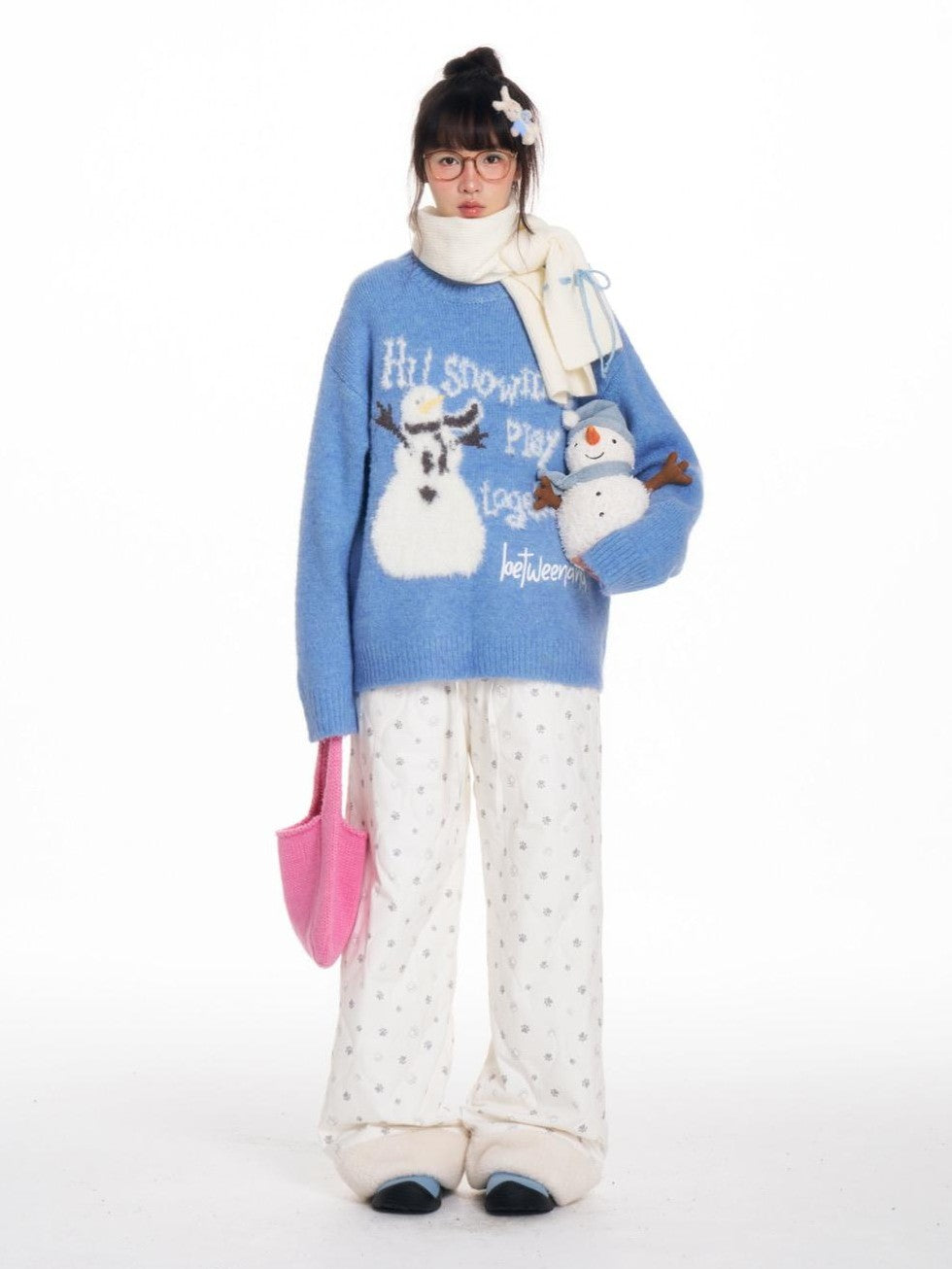 Blue Snowman Print Cozy Loose Women's Acrylic Wool Blend Sweaters