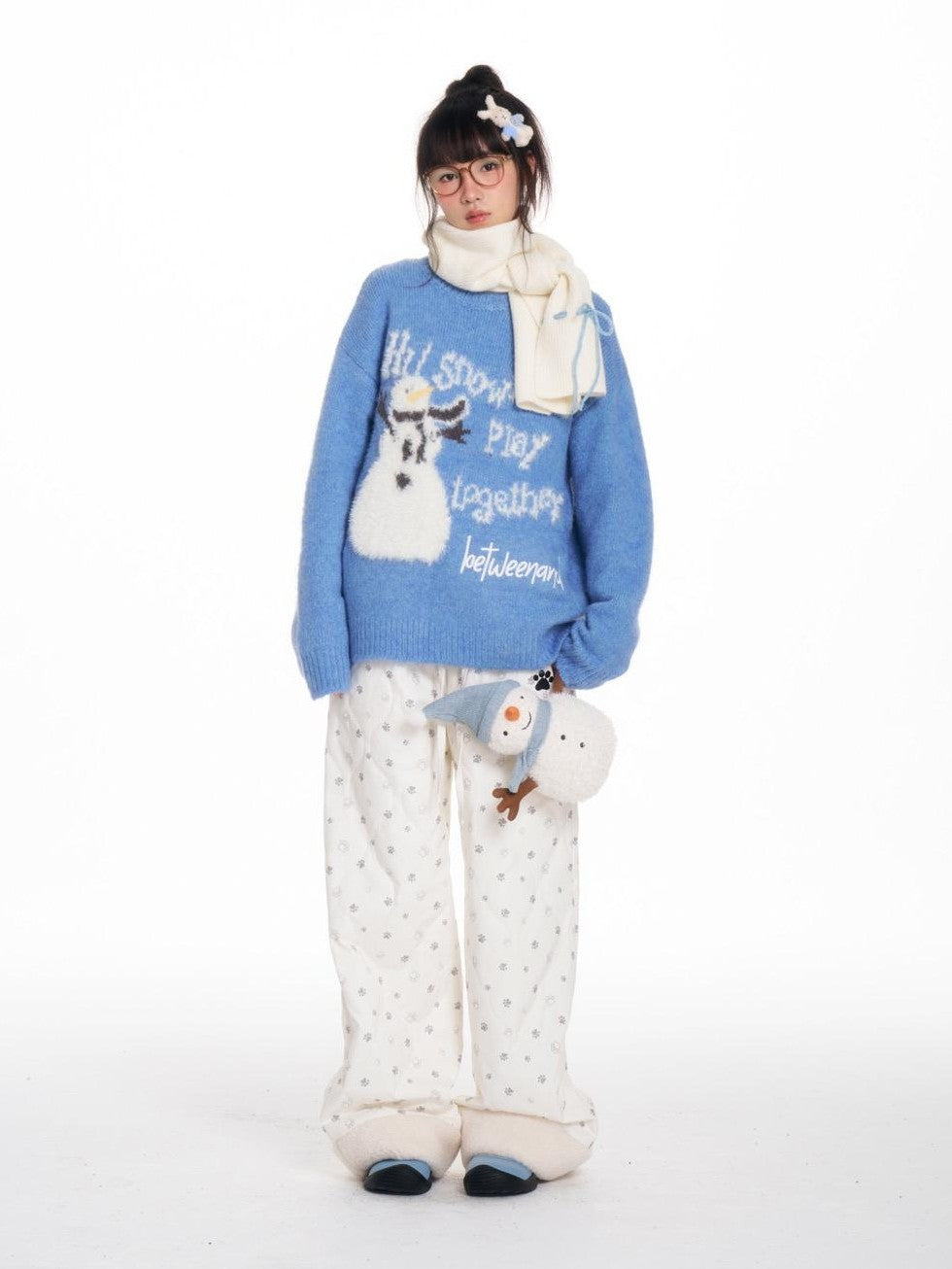 Blue Snowman Print Cozy Loose Women's Acrylic Wool Blend Sweaters
