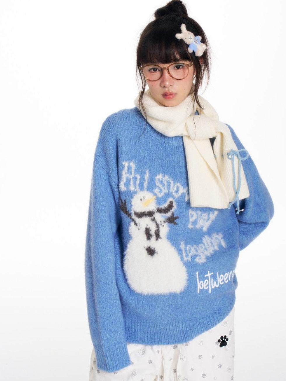 Blue Snowman Print Cozy Loose Women's Acrylic Wool Blend Sweaters