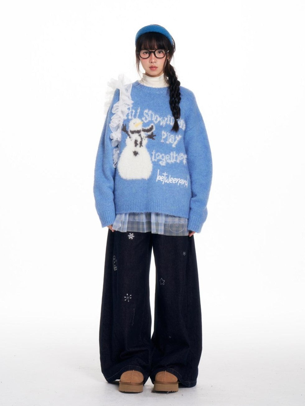 Blue Snowman Print Cozy Loose Women's Acrylic Wool Blend Sweaters