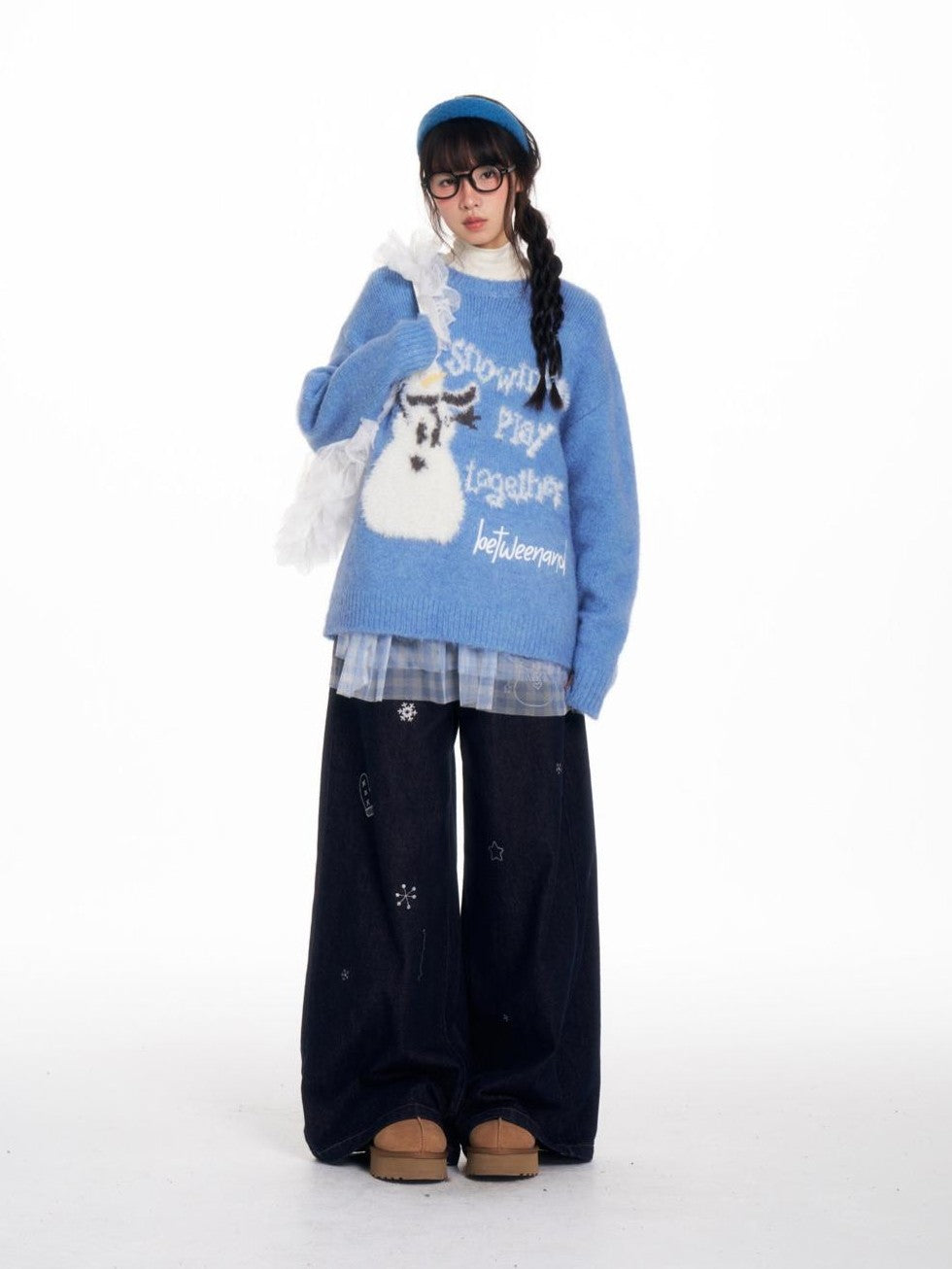 Blue Snowman Print Cozy Loose Women's Acrylic Wool Blend Sweaters