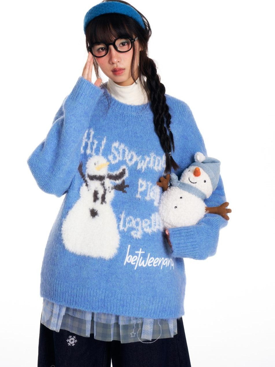 Blue Snowman Print Cozy Loose Women's Acrylic Wool Blend Sweaters