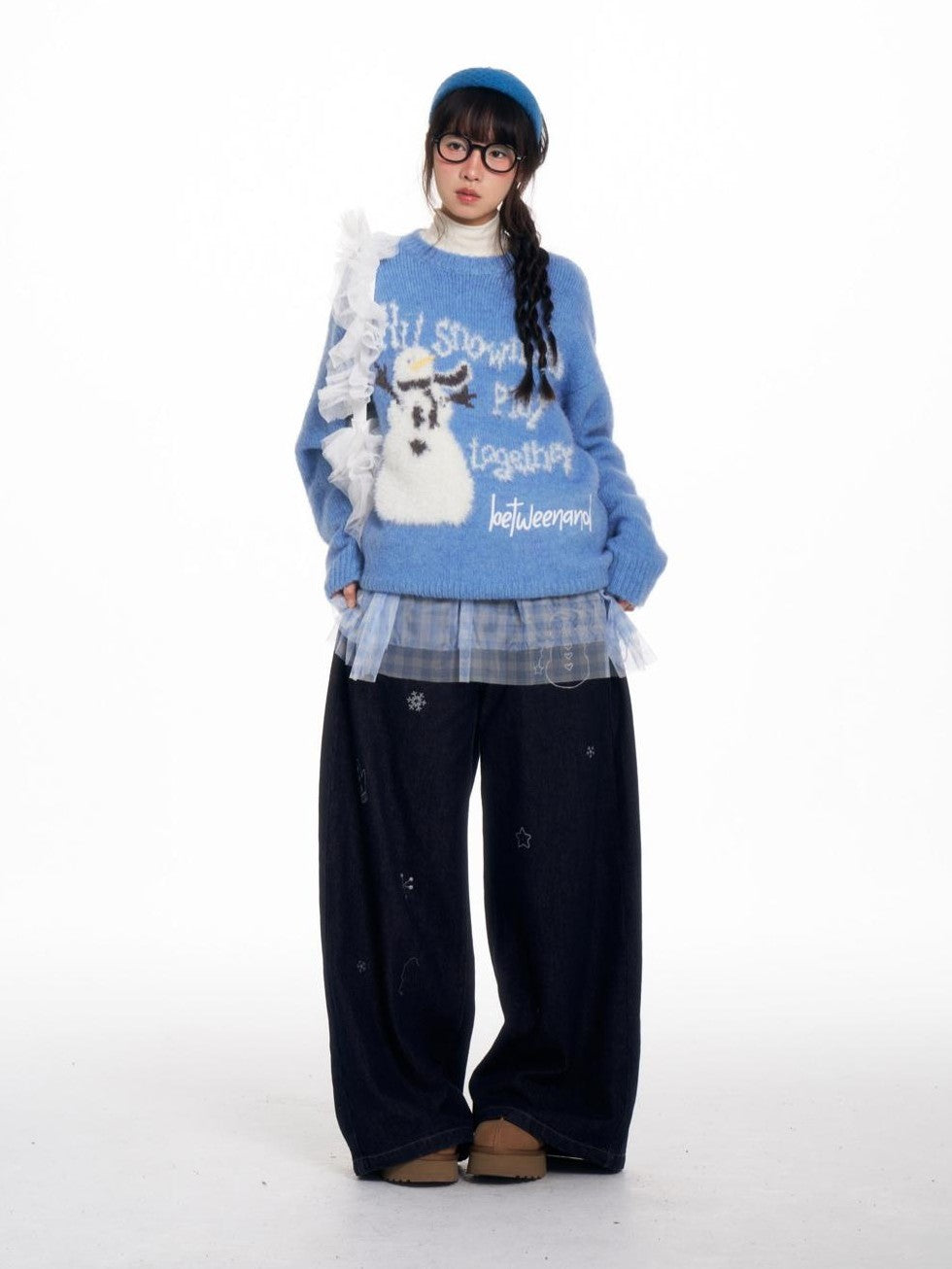 Blue Snowman Print Cozy Loose Women's Acrylic Wool Blend Sweaters