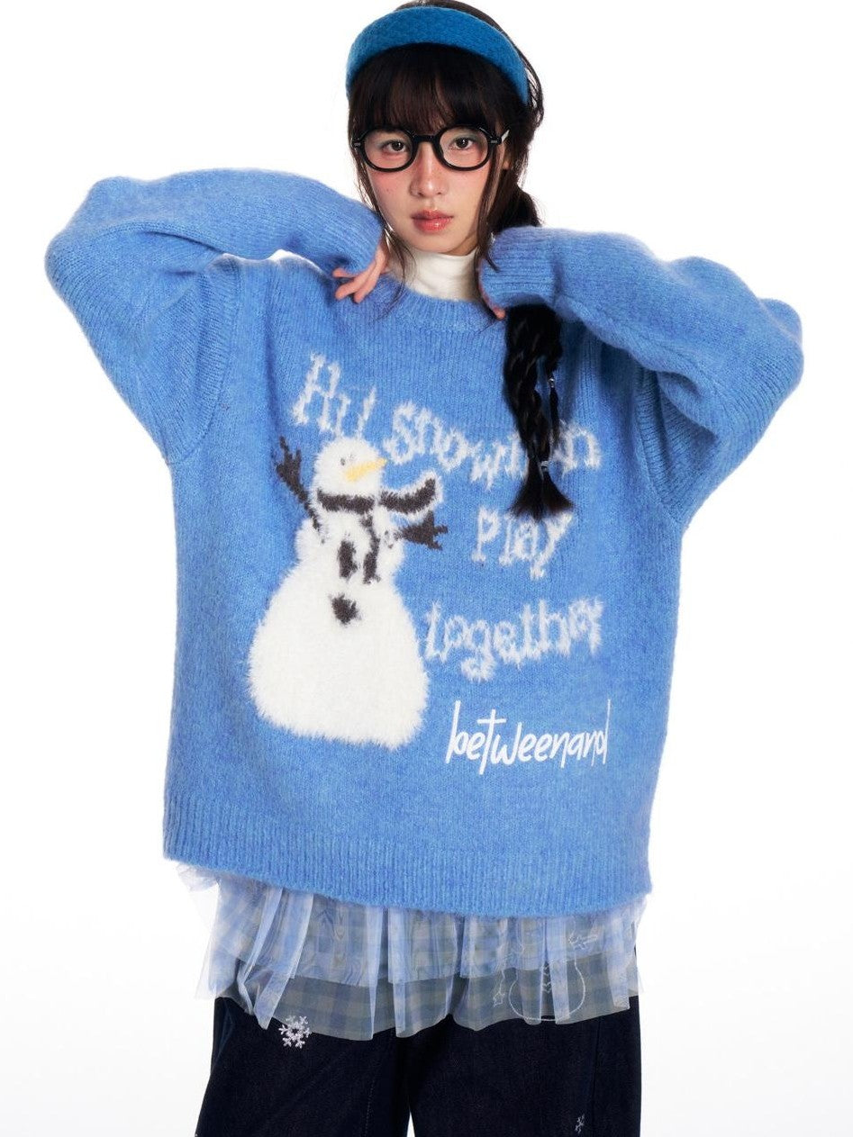 Blue Snowman Print Cozy Loose Women's Acrylic Wool Blend Sweaters