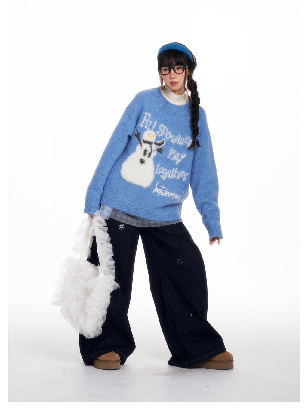 Blue Snowman Print Cozy Loose Women's Acrylic Wool Blend Sweaters