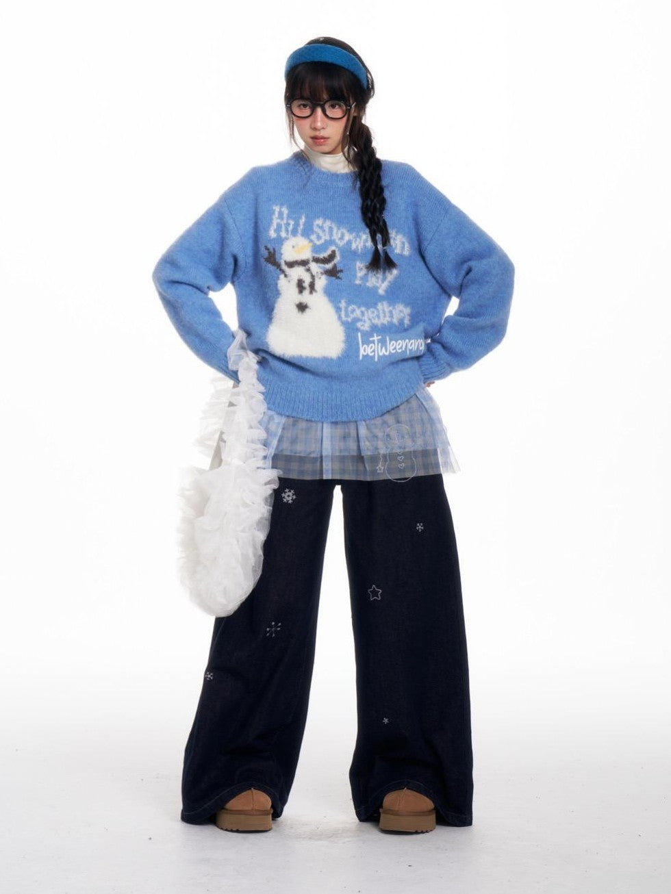 Blue Snowman Print Cozy Loose Women's Acrylic Wool Blend Sweaters